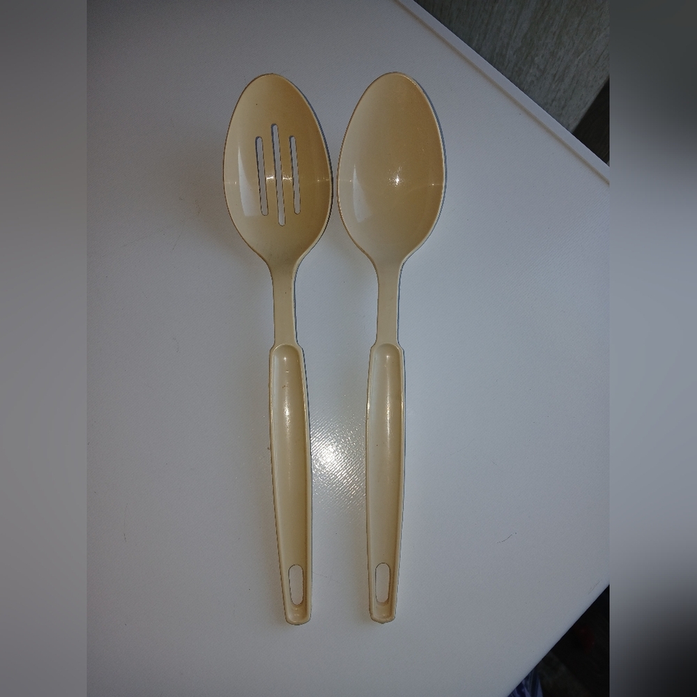 Set of Vintage Ekco Nylon Cooking Spoons Slotted 11-1/2" Almond Made In USA
